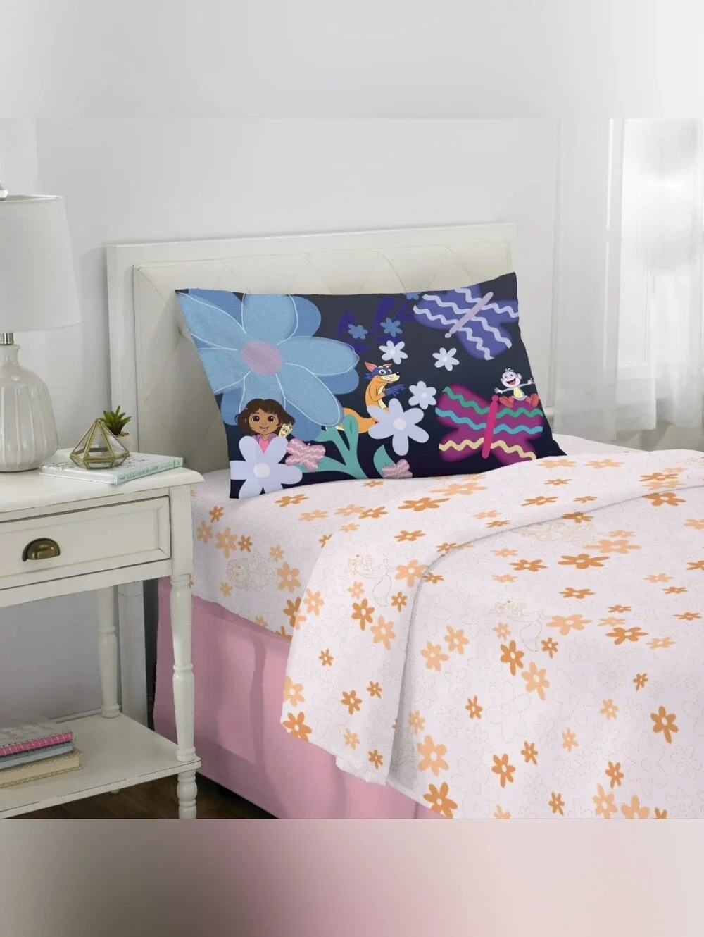 Dora Kids 3 Piece Pink Orange Floral Twin Sheet Set
